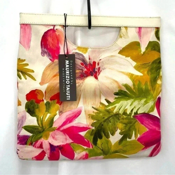 Maurizio Taiuti Genuine Leather Fold Clutch Floral Pink White Cut Out Handles - Picture 1 of 10